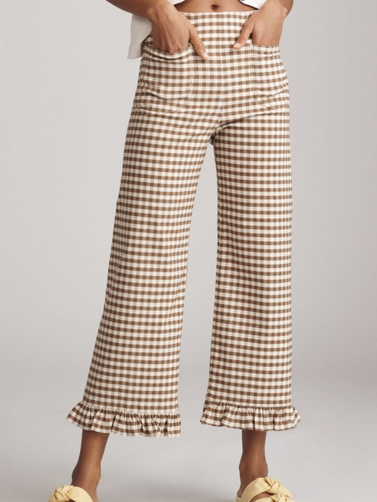 Maeve Pants - Maeve The Colette Brown & White Gingham Ruffle-Hem Cropped Wide-Leg Pants Sz 34